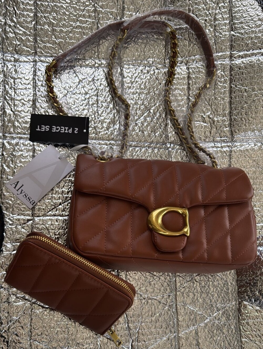 Alyssa Quilted Tan Crossbody Bag with Gold Hardware - 2-Piece Set